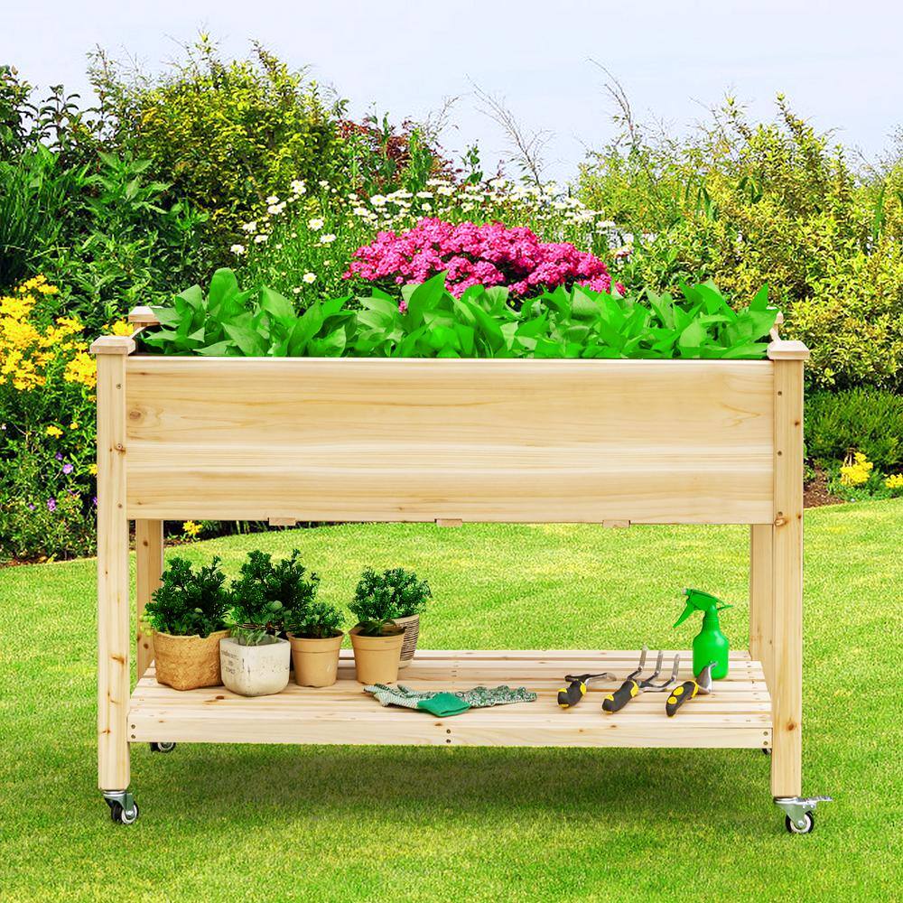 HONEY JOY Wood Elevated Garden Bed with Storage Shelf Wheels and Liner Suitable for Vegetable Flower Herb TOPB004699