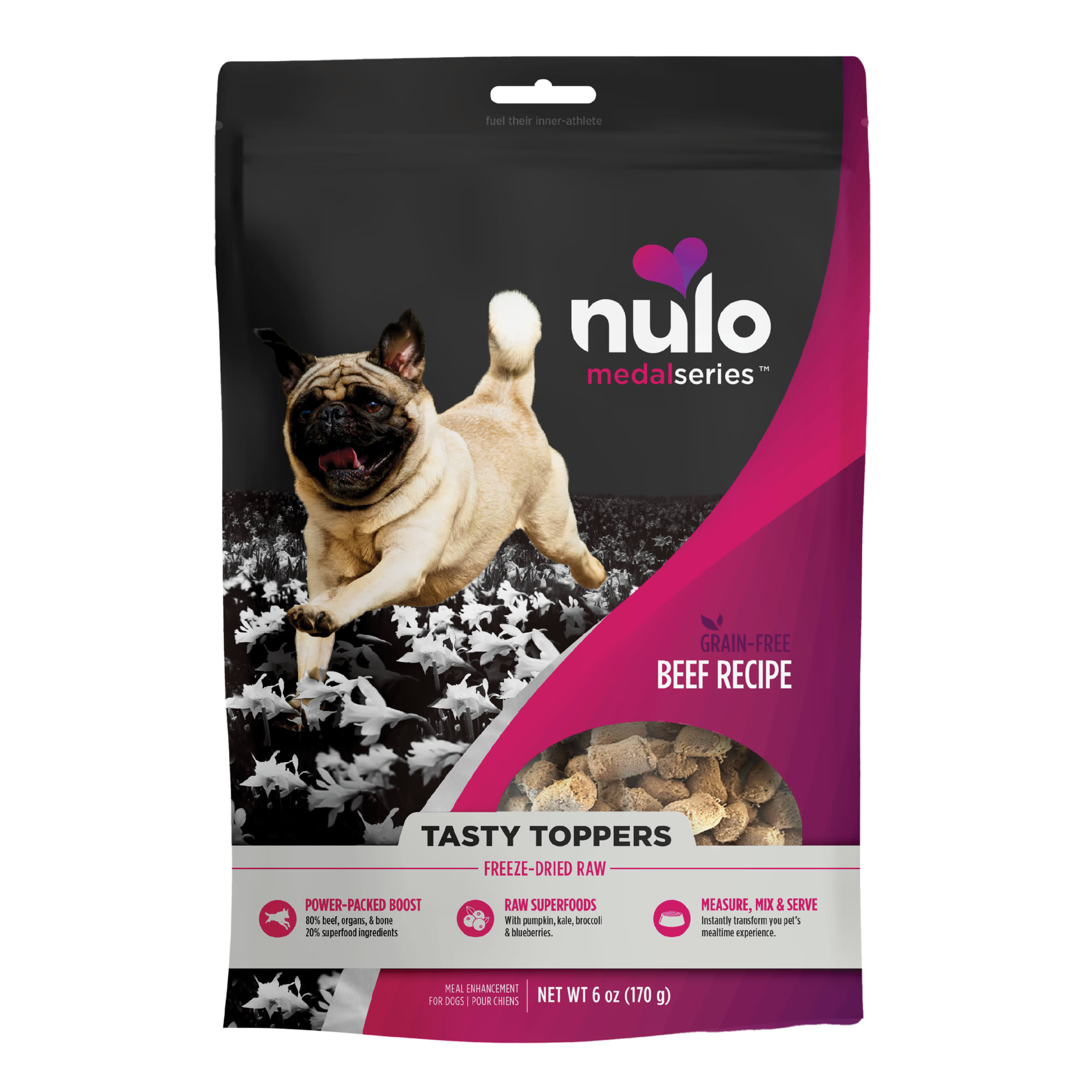 Nulo MedalSeries Tasty Toppers Beef Freeze-Dried Raw Dog Food， 6 oz.