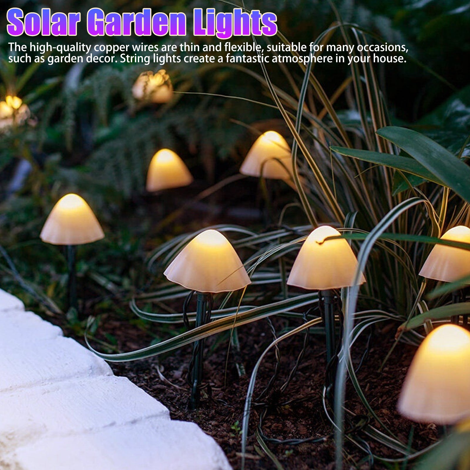 12.5ft Outdoor Solar Garden Lights， EEEkit 12 LED Mushroom Stake Lights with 8 Modes， Waterproof Mini Mushroom Fairy String Light for Pathway Yard Wedding Party Decor， Warm White