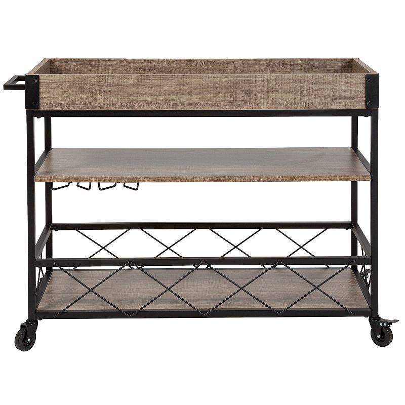 Merrick Lane Brookville Rolling Kitchen Serving and Bar Cart with Shelves and Wine Glass Holders in Distressed Light Oak Wood and Black Iron