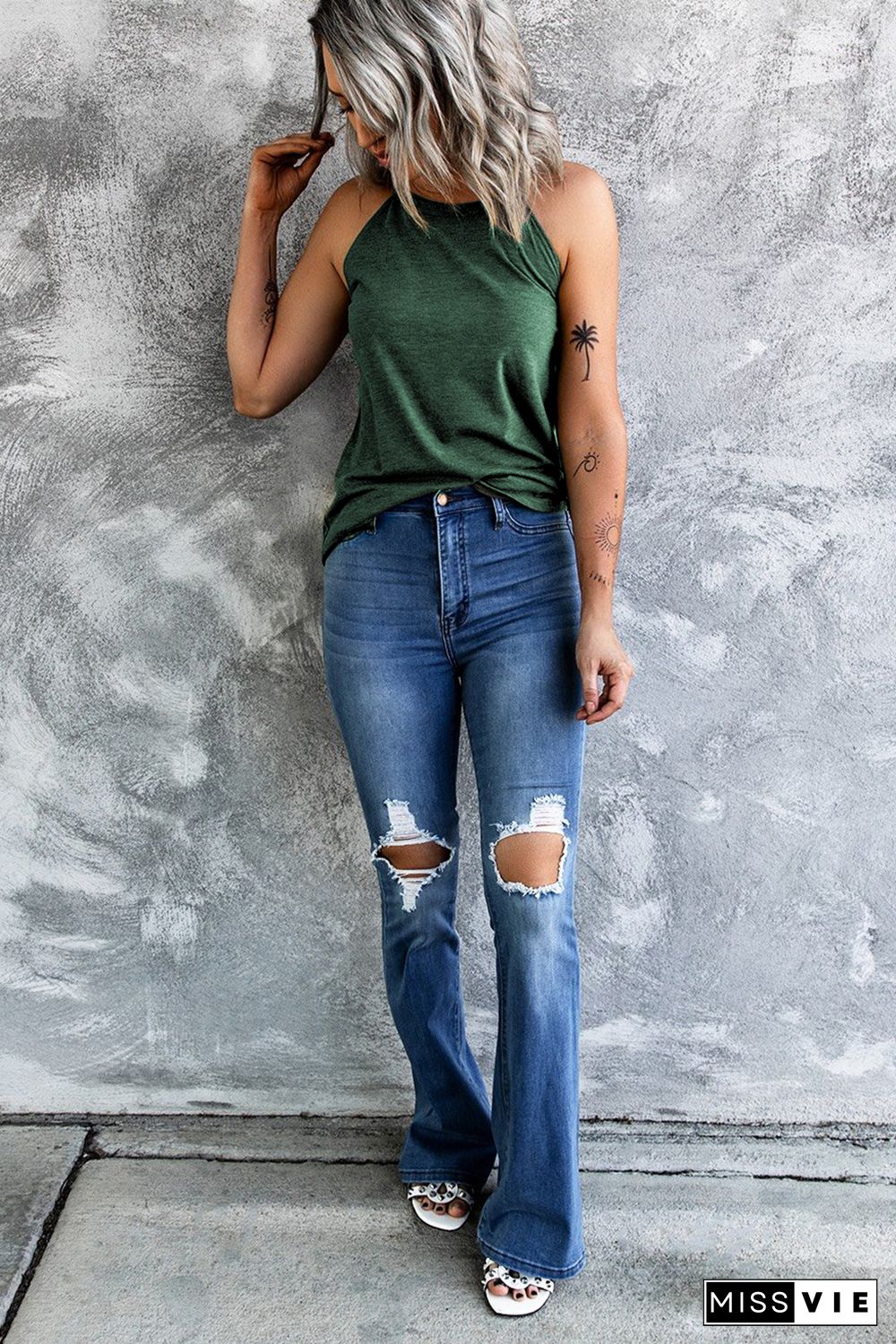 Green Solid Color Crew Neck Tank Top