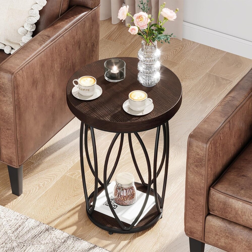 Industrial Round Side Table  Small End Table with Metal Frame