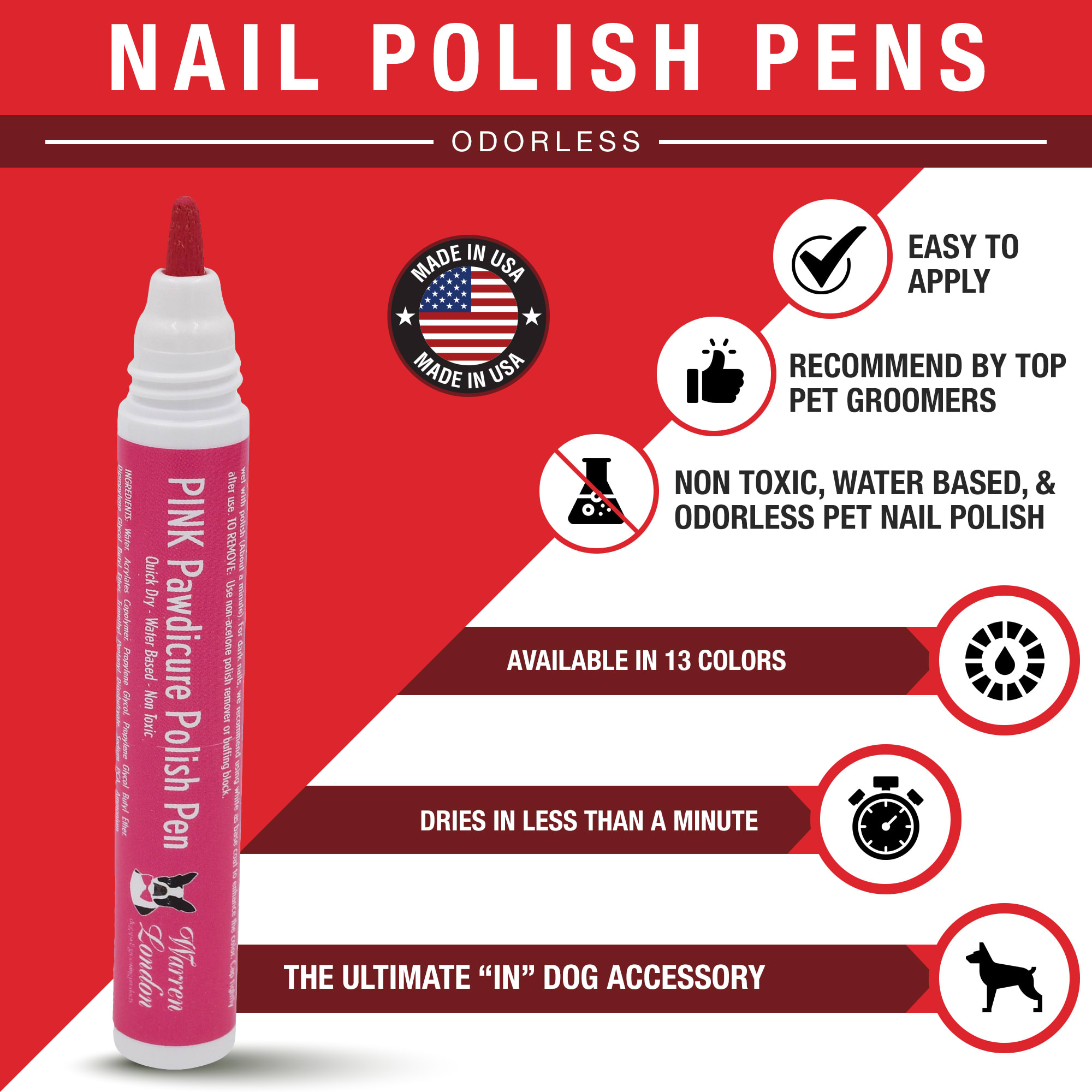 Warren London Pawdicure Neon Pink Nail Polish Pen for Dogs， .01 fl. oz.