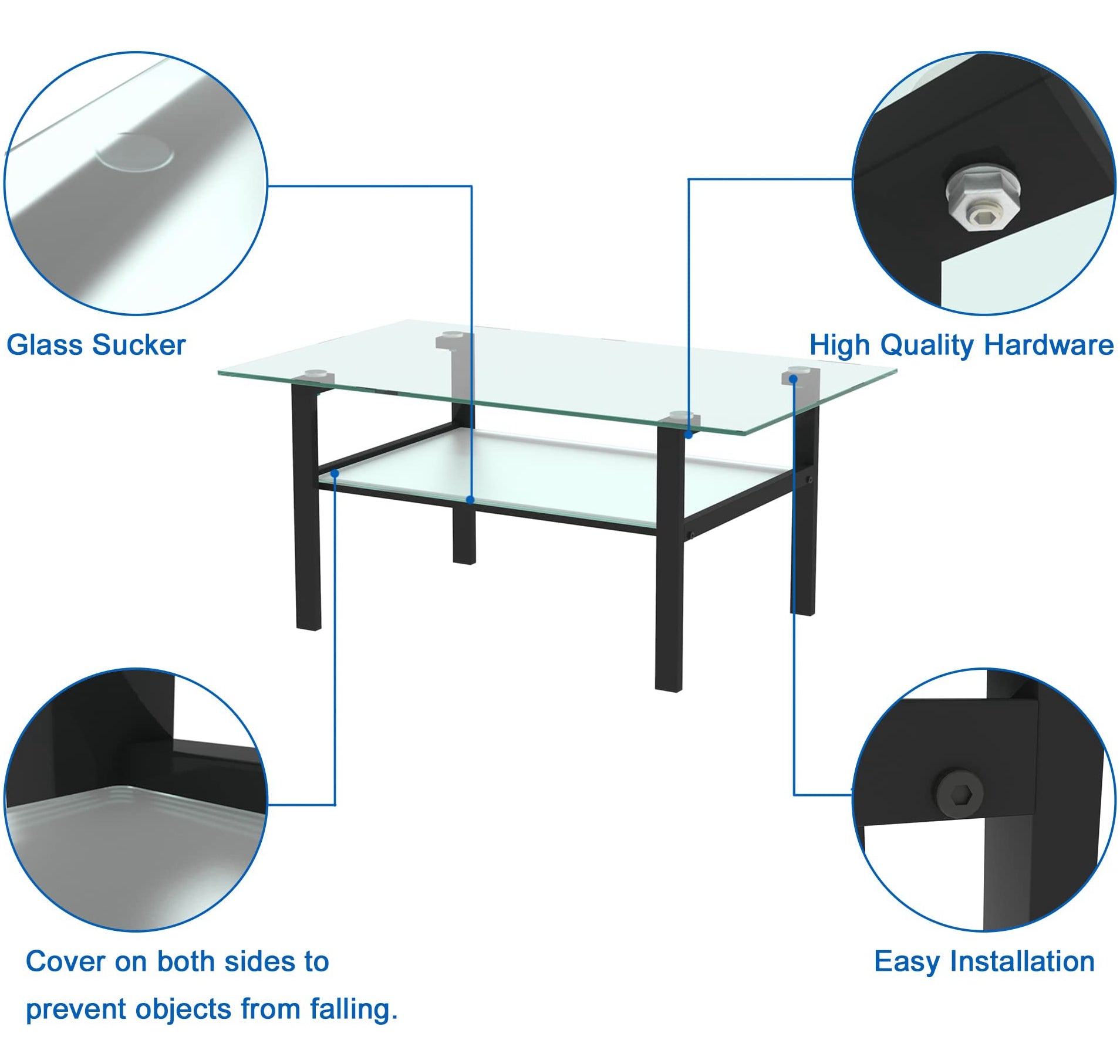 LAUSATEK 2-Tier Glass Coffee Table Modern Center Coffee Table with Tempered Glass Tabletop and Metal Legs for Living Room Home, Max Load 220Lbs