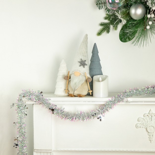 White Iridescent And Silver Snowflakes Christmas Tinsel Garland Unlit