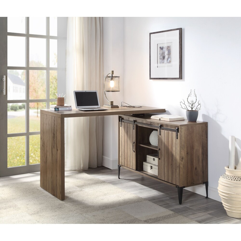 Vintage L Shaped Rotatable Writing Desk with 3 Storage Cabinets   2 Sliding Doors  Computer Desk with 2 USB Ports   2 AC Outlets