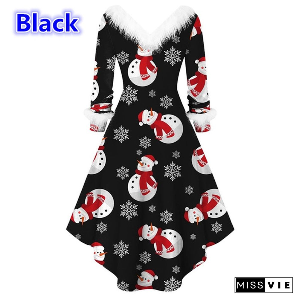 Plus Size Xs-5Xl Christmas Dress Fashion Women Long Sleeve Vintage Elegant V Neck Christmas Print Big Swing Party New Year Winter Clothes