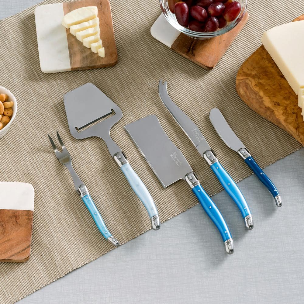 French Home Laguiole 5 Piece Cheese Knife, Fork and Slicer Set, Shades of Blue