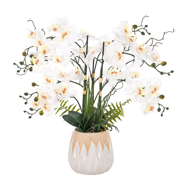 7 Stems Real Touch Phalaenopsis Plastic Orchids with Green Leaf in White Ceramic Pot