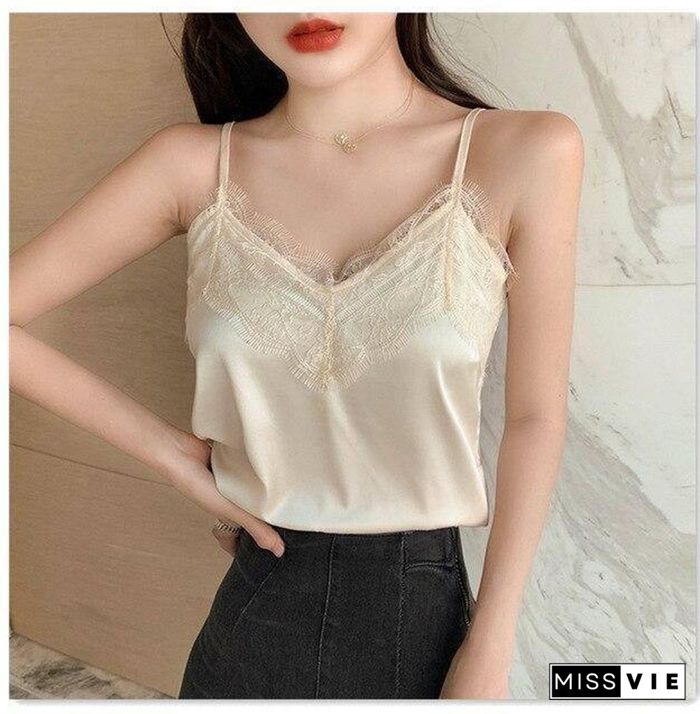 Summer Satin Tank Top Women Camis Roupas Slik Summer Lace Tops Female Camisole Black Halter Crop Tops Plus Size XXXL/4XL