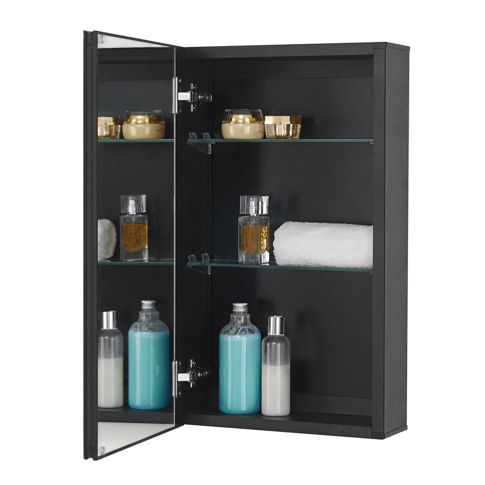 Medicine Cabinet 14 x 24 inch Recessed or Surface Mount, Black Aluminum Bathroom Wall Cabinet with Mirror and Adjustable Shelves.