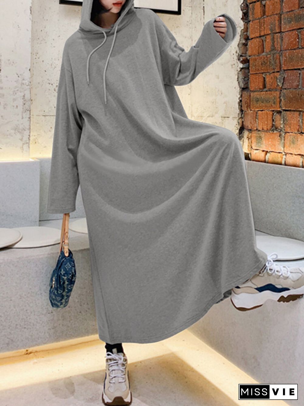 Solid Color Hooded Pockets Casual Loose Long Hoodie Dress