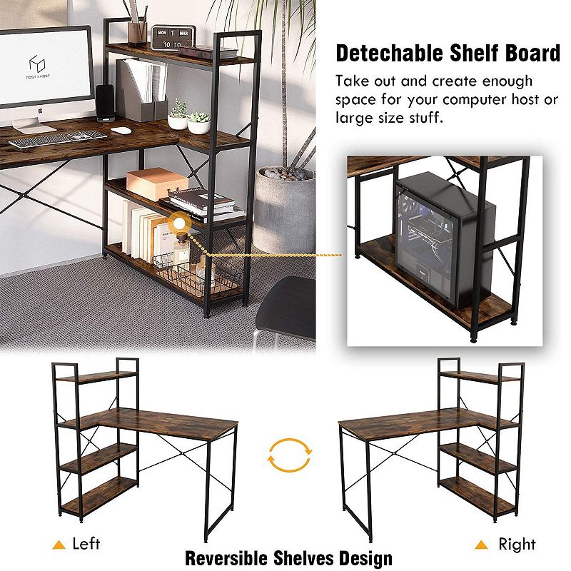 Nost and Host L Shaped Contemporary Home Office Computer Desk with Shelves， Brown