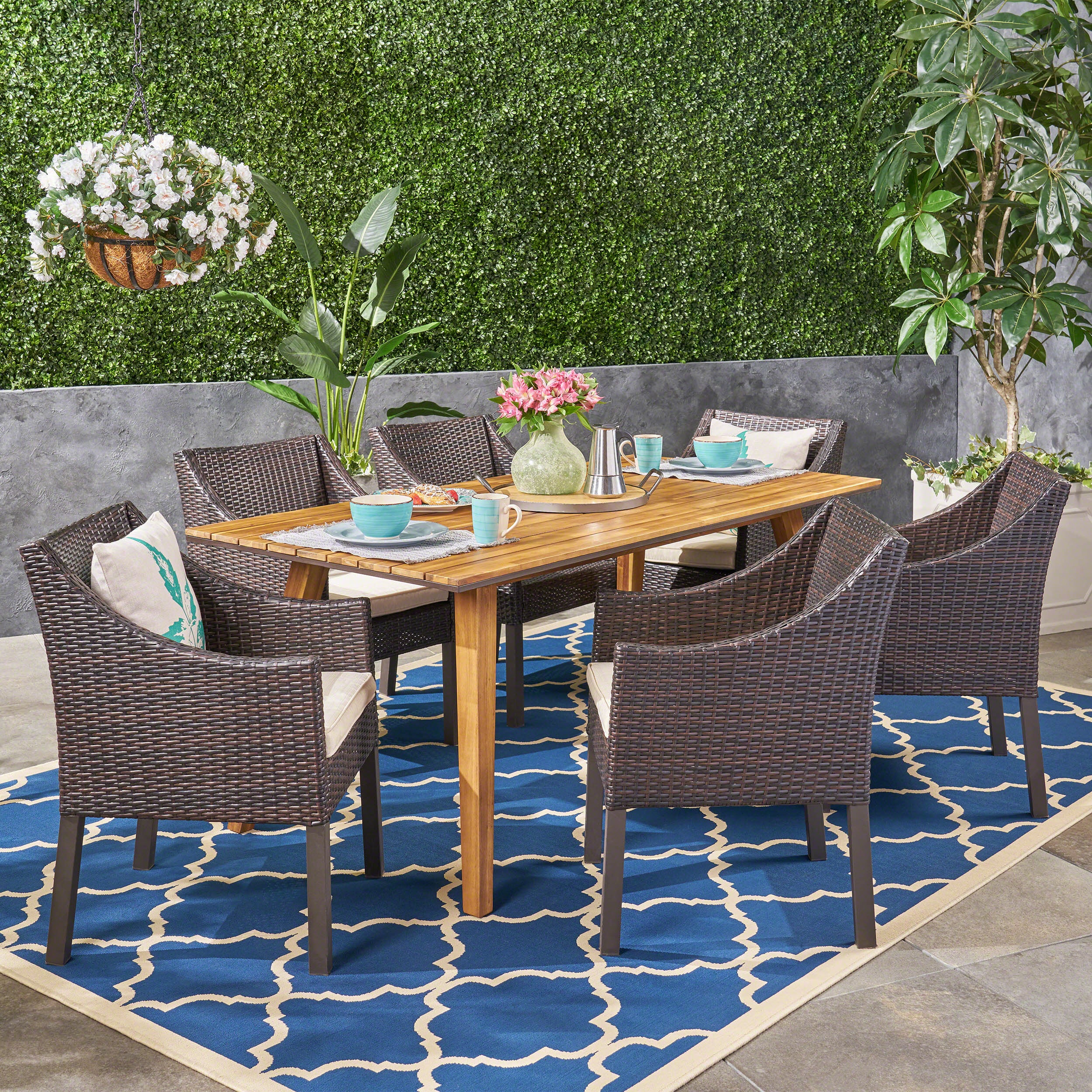 Hedy Outdoor 7 Piece Acacia Wood Dining Set with Wicker Chairs, Teak and Multi Brown and Beige