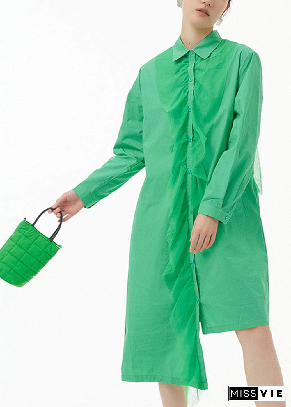 Chic Green Asymmetrical Tulle Patchwork Ruffles Cotton Shirt Dress Spring