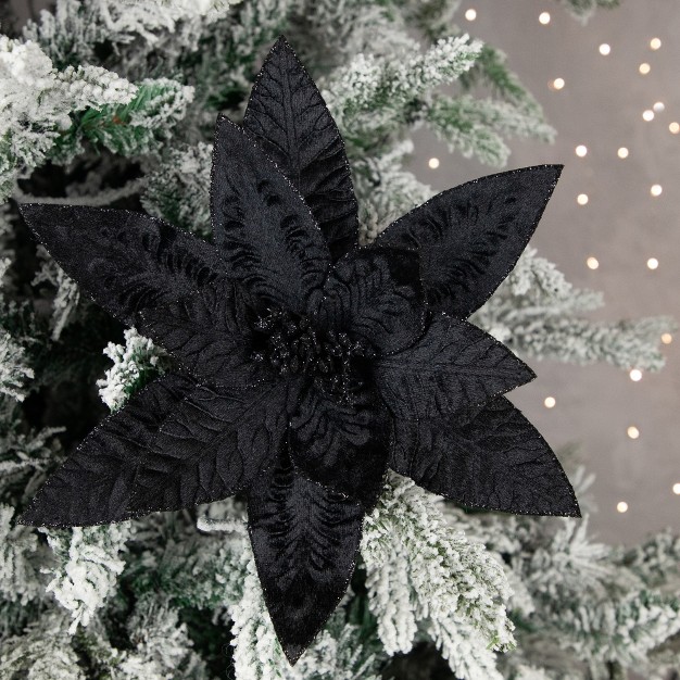 Black Glittered Poinsettia Christmas Floral Stem Spray