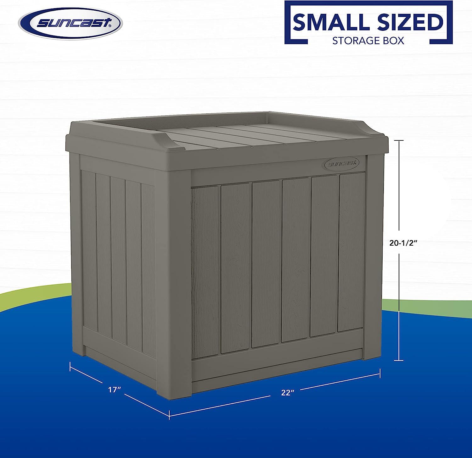 Suncast 22-Gallon Small Deck Box - Lightweight Resin Indoor/Outdoor Storage Container and Seat for Patio Cushions and Gardening Tools - Store Items on Garage, Yard - Stone Gray