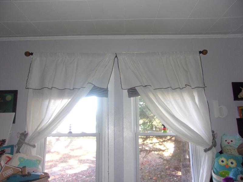 Modern Faux Linen Embroidered Edge With Attached Valance Window Curtain Panel Set