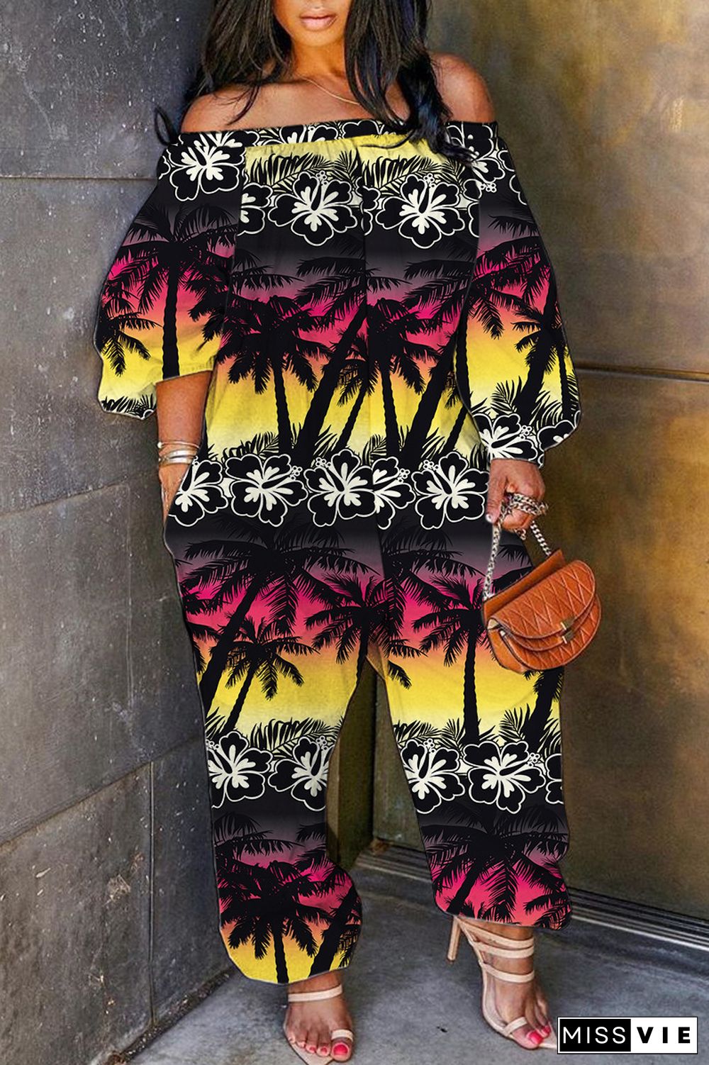 Black Casual Print Patchwork Off the Shoulder Regular Jumpsuits