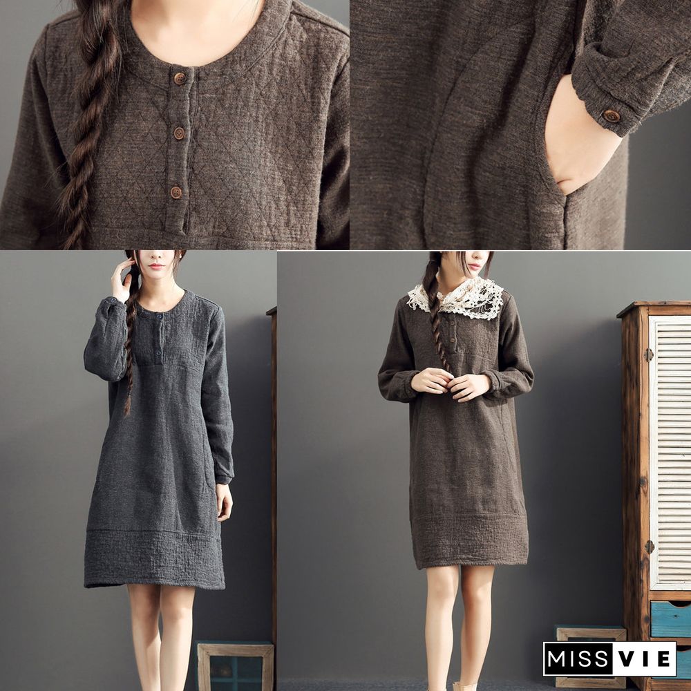 gray warm cotton linen dresses plus size casual long sleeve mid dress