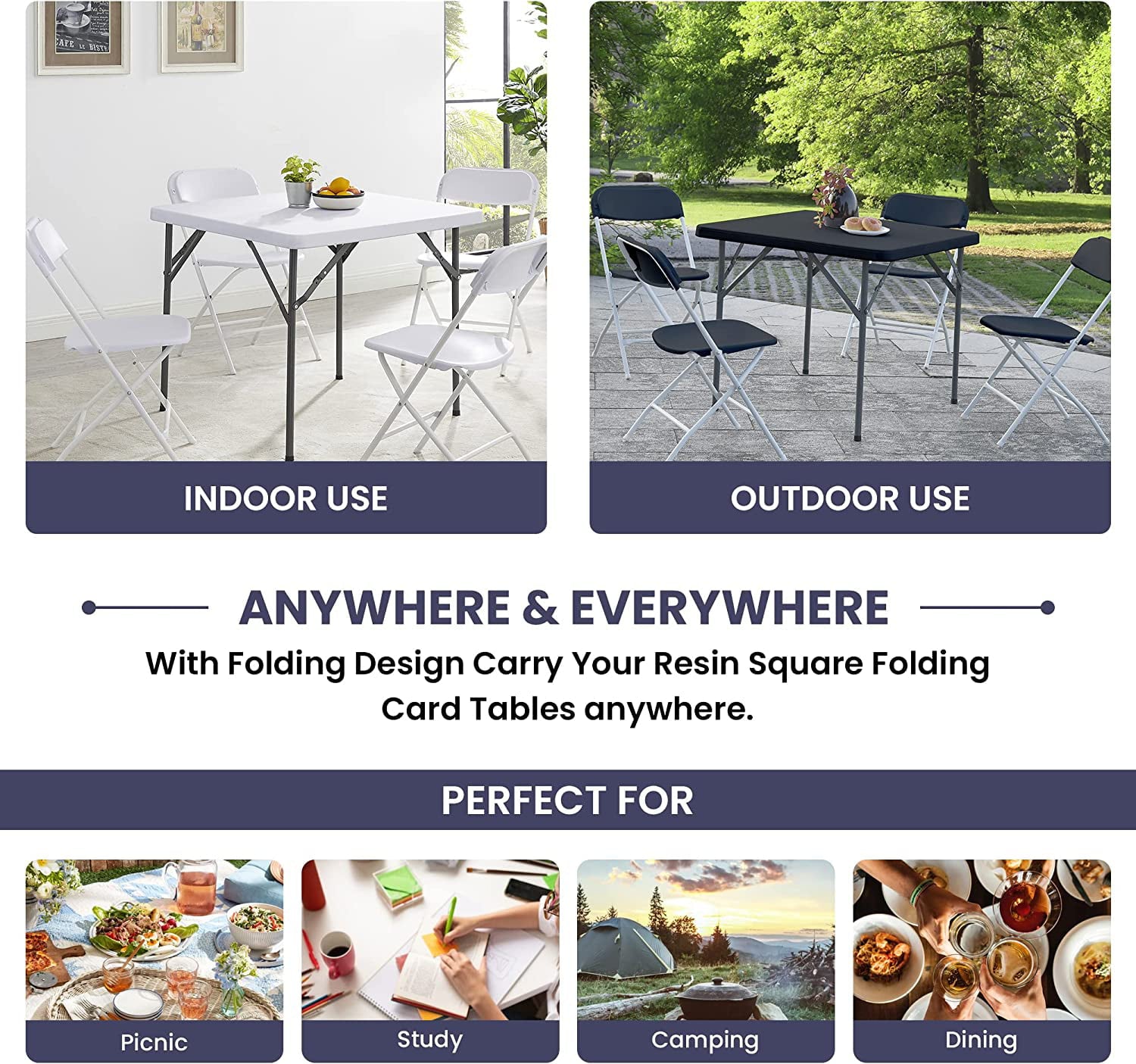 Folding Table Resin Square Folding Card Table Multipurpose Foldable Table Plastic Table Collapsible Square Fold Up Table for Indoor Kitchen Dining Room Outdoor Camping Picnic - White， 33.86 x 33.86 in