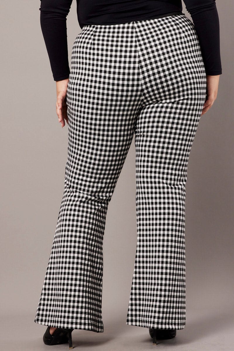 Black Check Flare Leg Pants High Rise