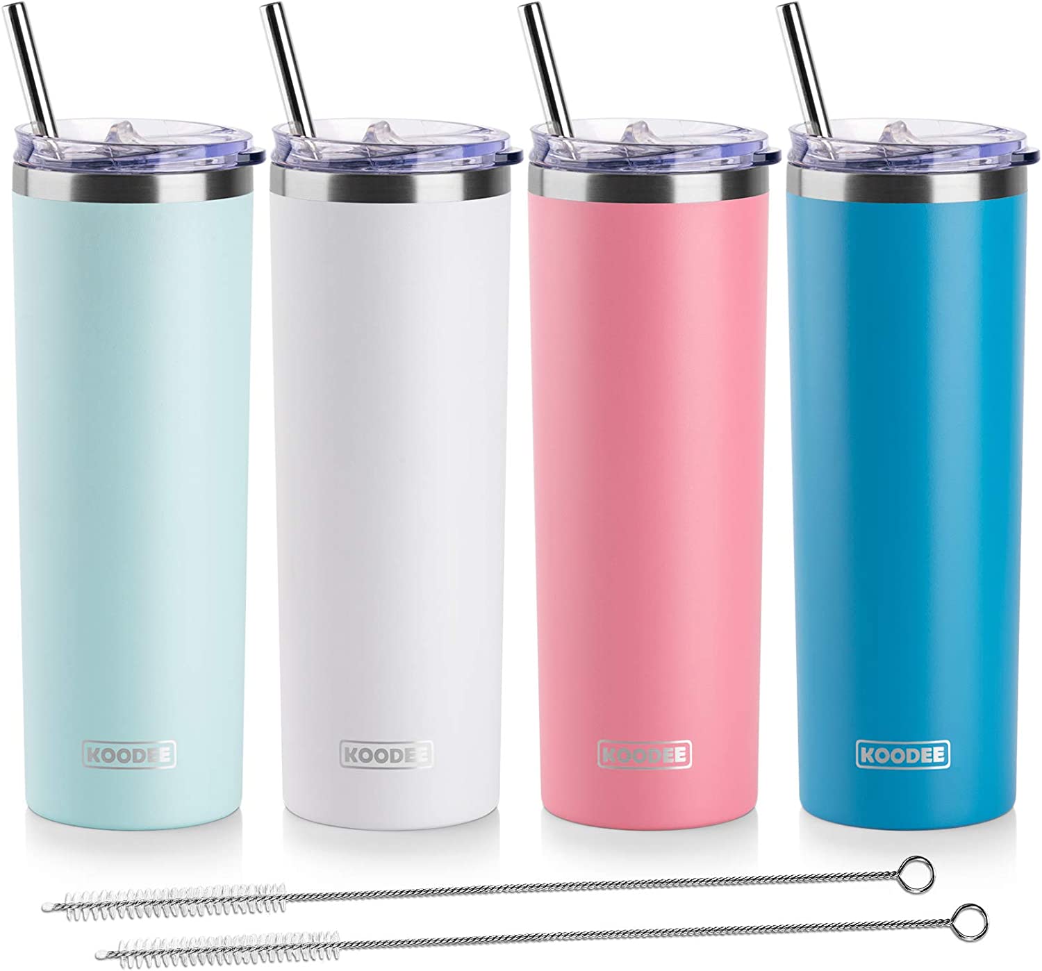 koodee 20 oz Stainless Steel Skinny Tumblers (4 Pack) Double Wall Insulated Water Tumbler Cup with Straw， Lids and Straw Brushes (Baby blue/White/Pink/Sky Blue)