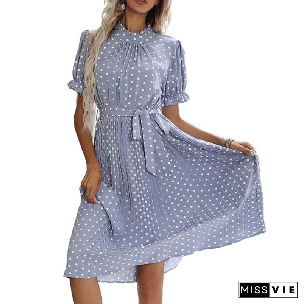 Casual Women Summer Dress Pleated Short Sleeve Dresses New Chic Elegant Fashion Lace-up Polka Dot Flared Sleeve Midi Dress