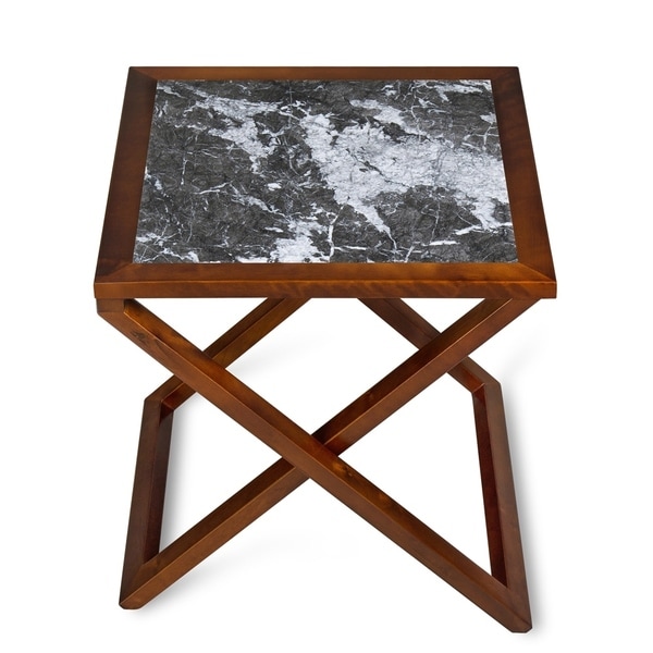 Sleeplanner Natural Marble Gold Brown Solid Wood Base X-End Table