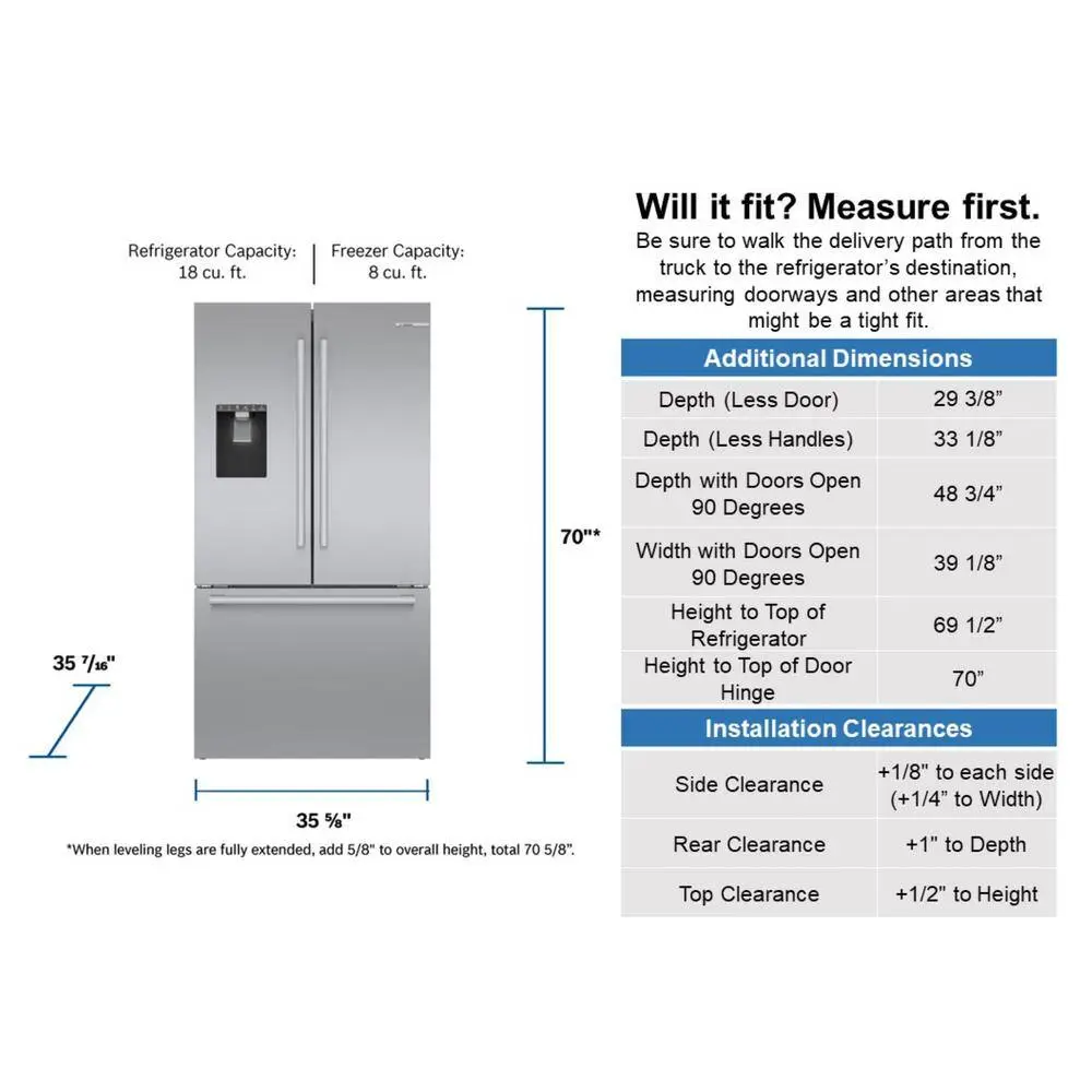 Bosch 500 Series 36 in. 26 cu ft Smart Standard Depth French Door Bottom Freezer Refrigerator in Stainless Steel w Ice Water B36FD50SNS