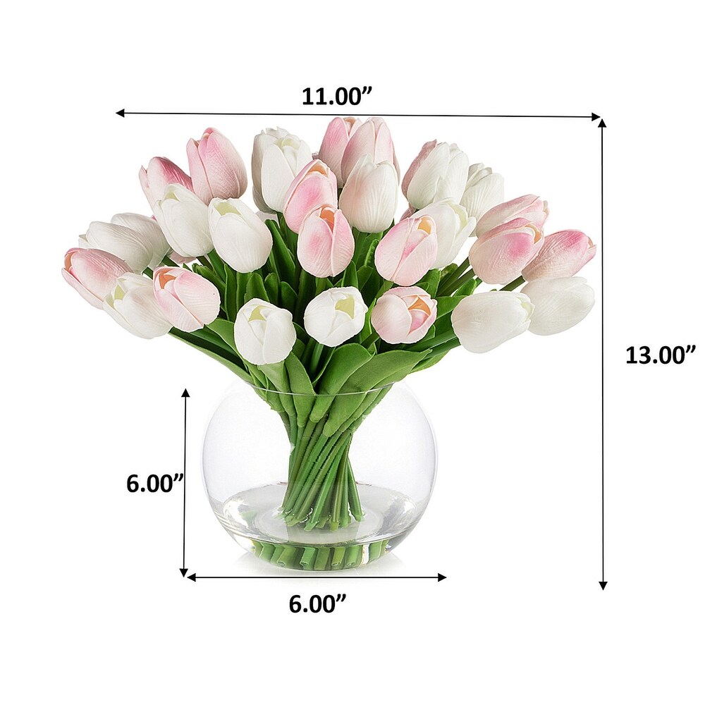 40 Pieces Real Touch Tulip Arrangement in Clear Glass Vase For Home Wedding Decoration