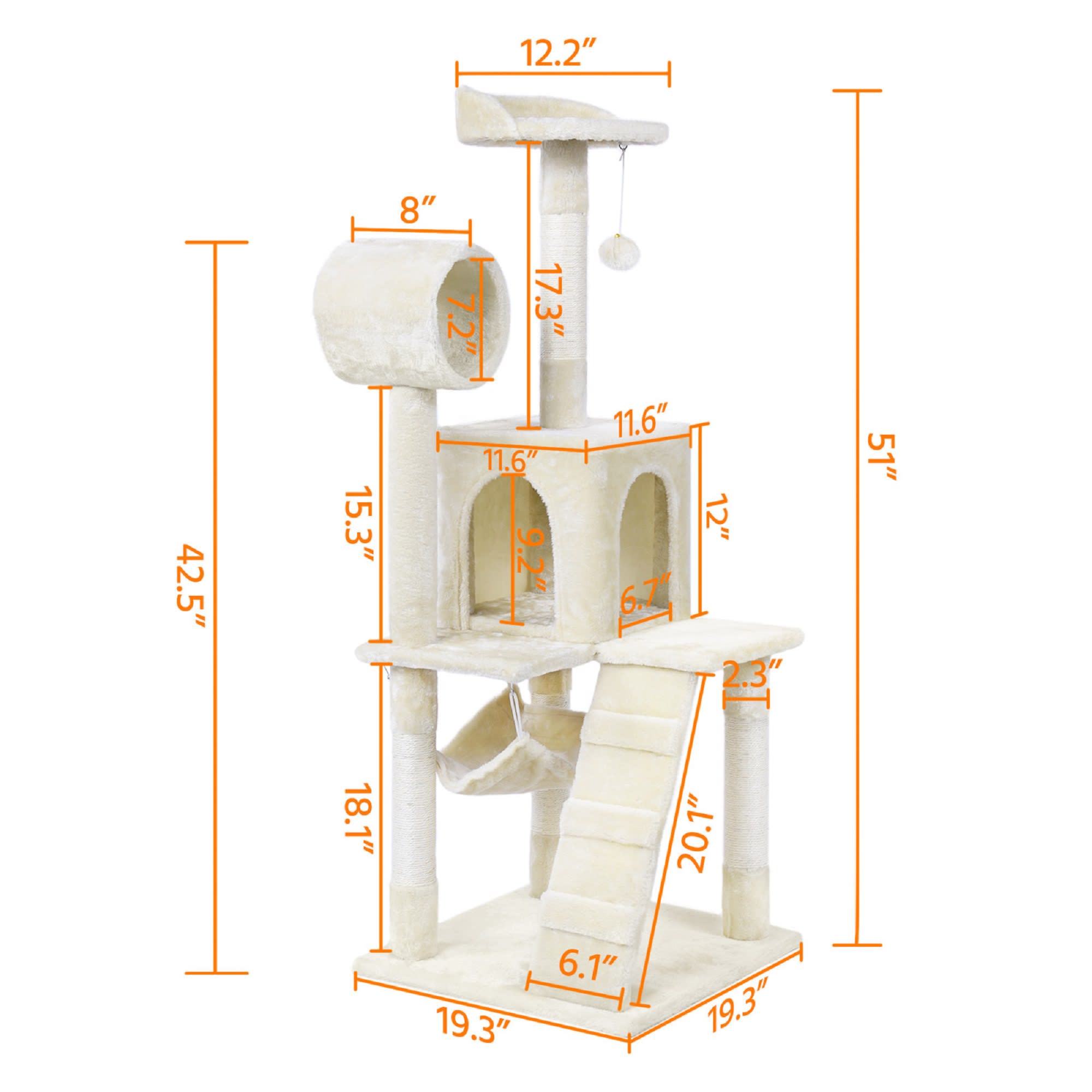 Topeakmart Beige Plush Cat Tree Condo with Hammock Tunnel， 51