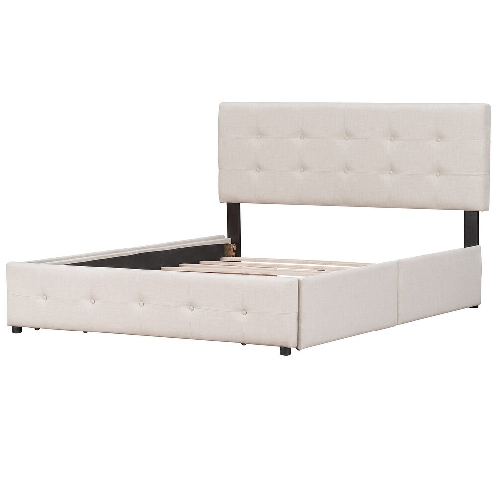 Upholstered Platform Bed with Classic Headboard and 4 Drawers  No Box Spring Needed  Linen Fabric  Queen Size  Light Beige