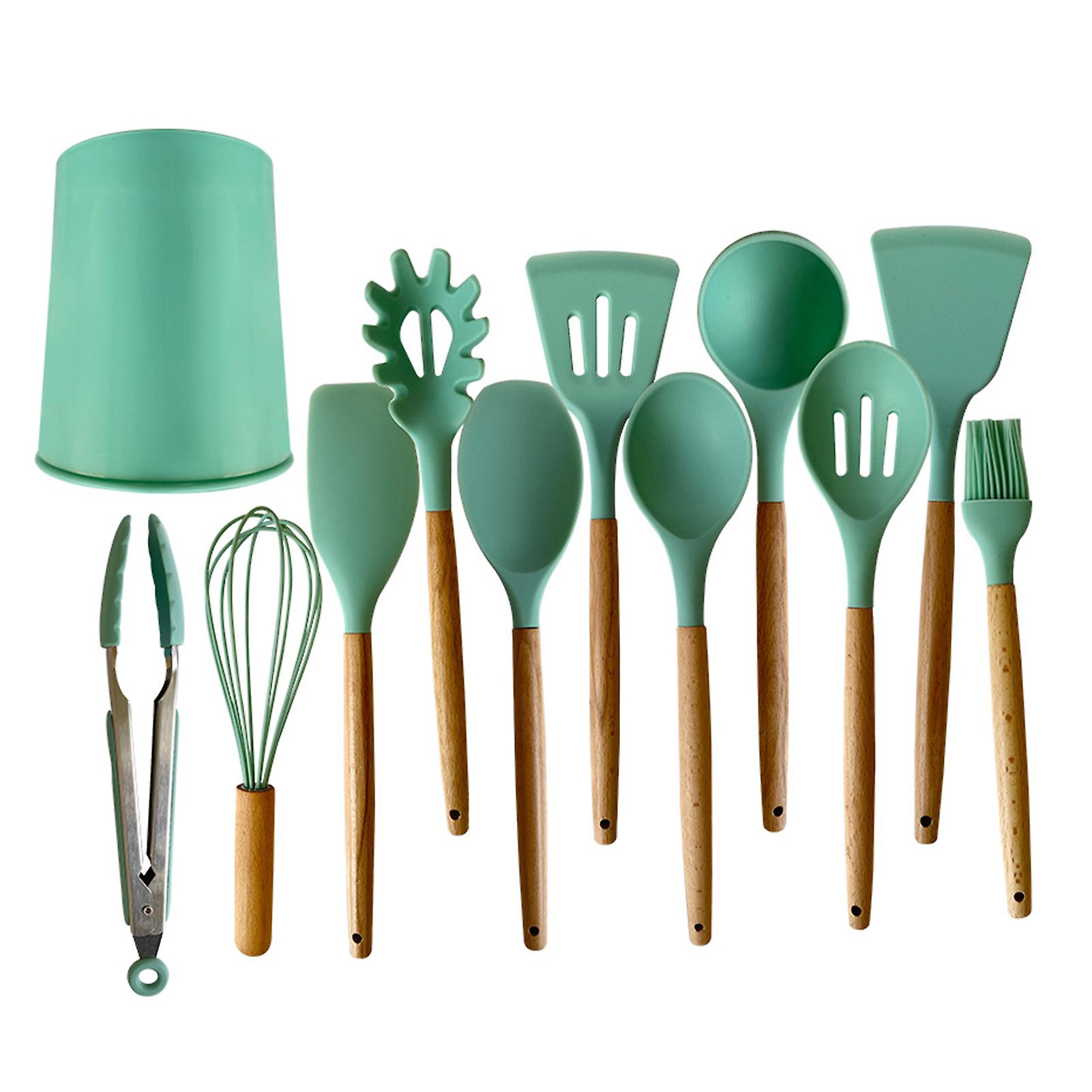 Silicone Kitchenware Set Of 12pcs Cooking Utensils With Wooden Handle Heat Resistant Hanging Hole Dedign Non-stick Cookware Cooking Spatula Spoon Whis