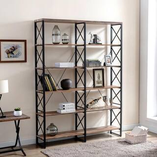 KINWELL 80 in. Brown Vintage Wood 6-Shelf Etagere Bookcase with Black Metal Frame MDBS006A