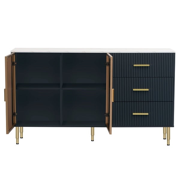 Modern Sideboard MDF Buffet Cabinet Marble Sticker Tabletop and Amber-yellow Tempered Glass Doors with Gold Metal Legs