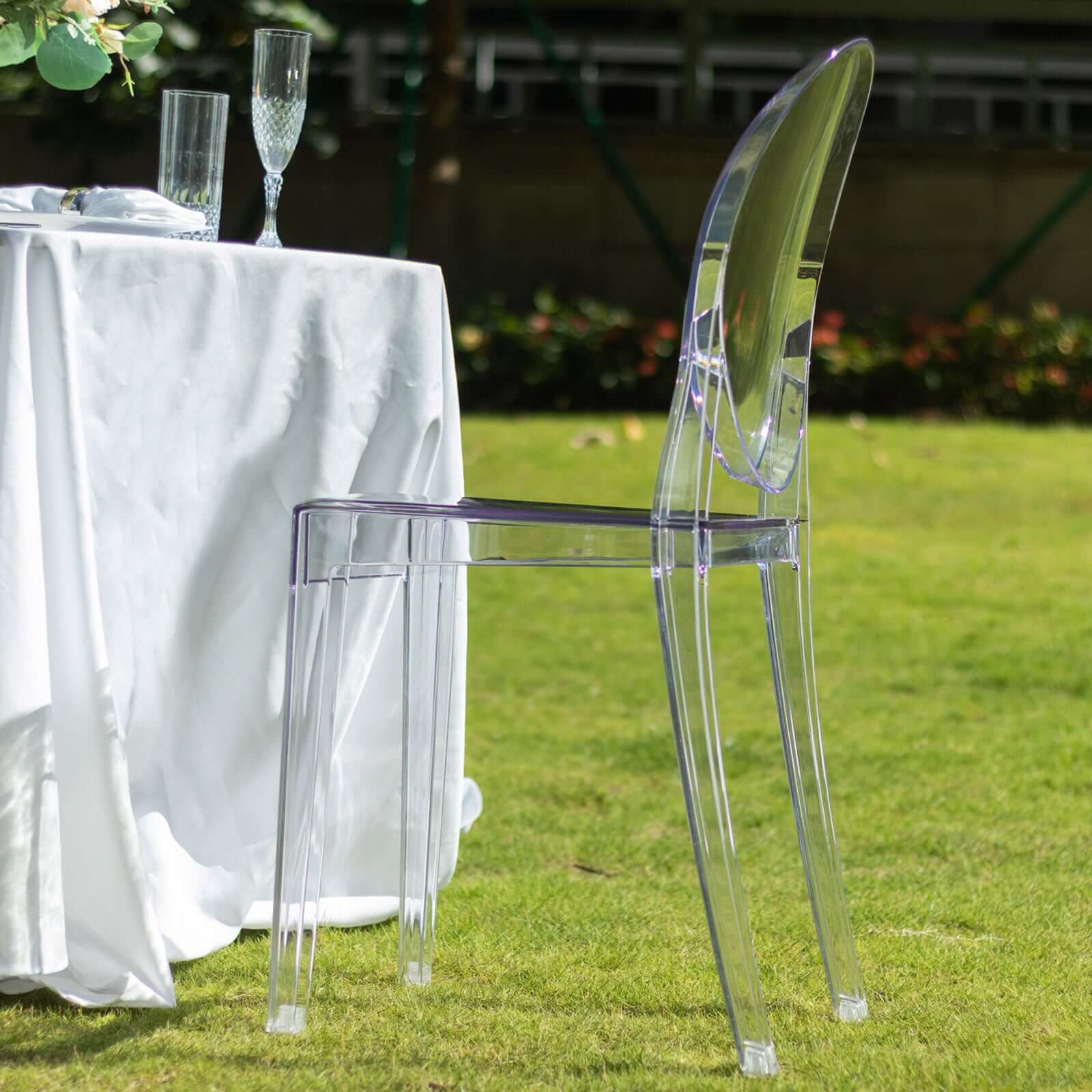 4 Pack Stackable Clear Acrylic Ghost Banquet Chairs with Oval Back, Fully Assembled Armless Event Accent Chair