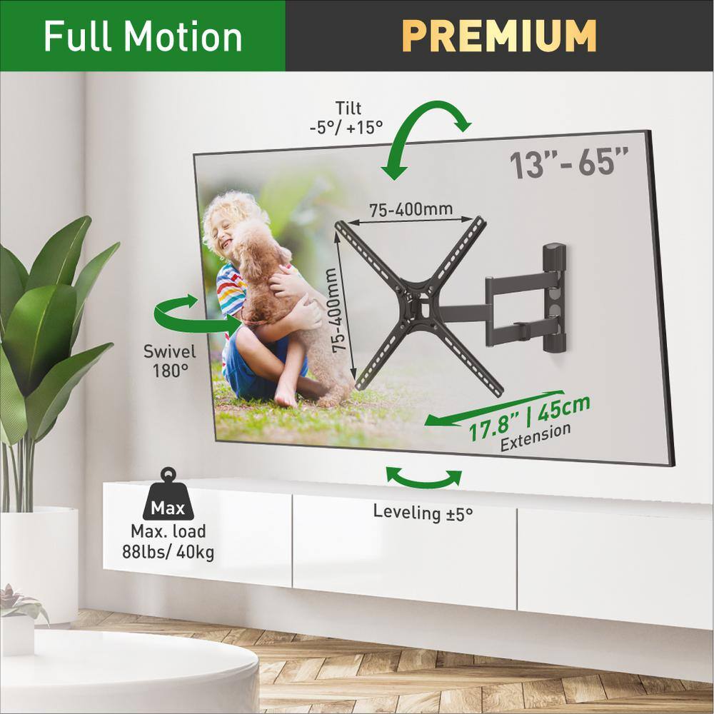 Barkan a Better Point of View Barkan 29 in. to 65 in. Full Motion - 4 Movement Flat  Curved TV Wall Mount Black Patented Touch  Tilt UL Listed 3400.B