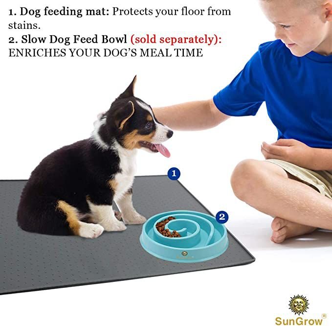 SunGrow Cat and Dog Food Mat for Treats and Water Bowls， Waterproof and Non-Slip Silicone Pet Feeding Pad