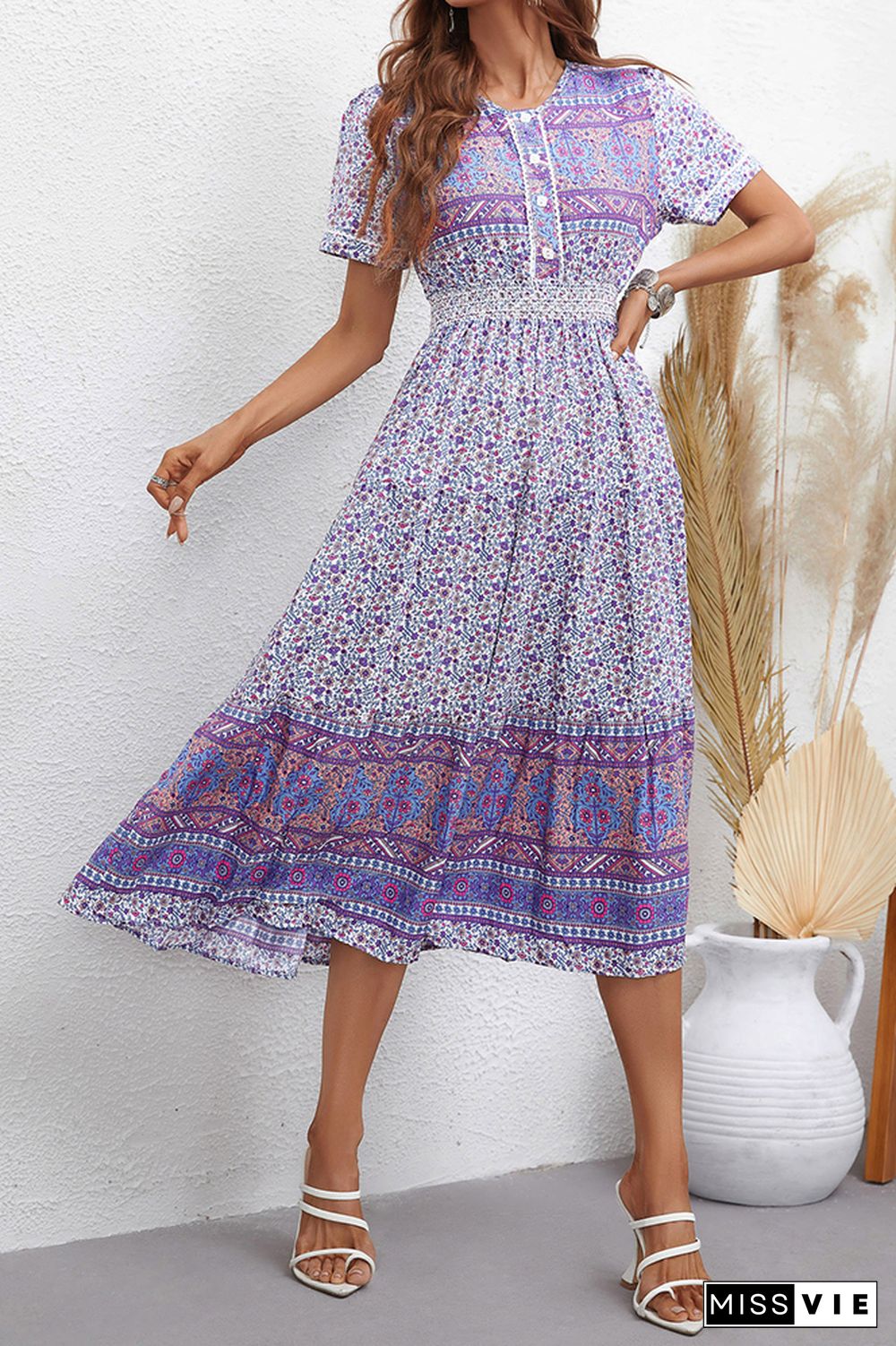 Bohemia Style Vintage Floral Print Midi Dress