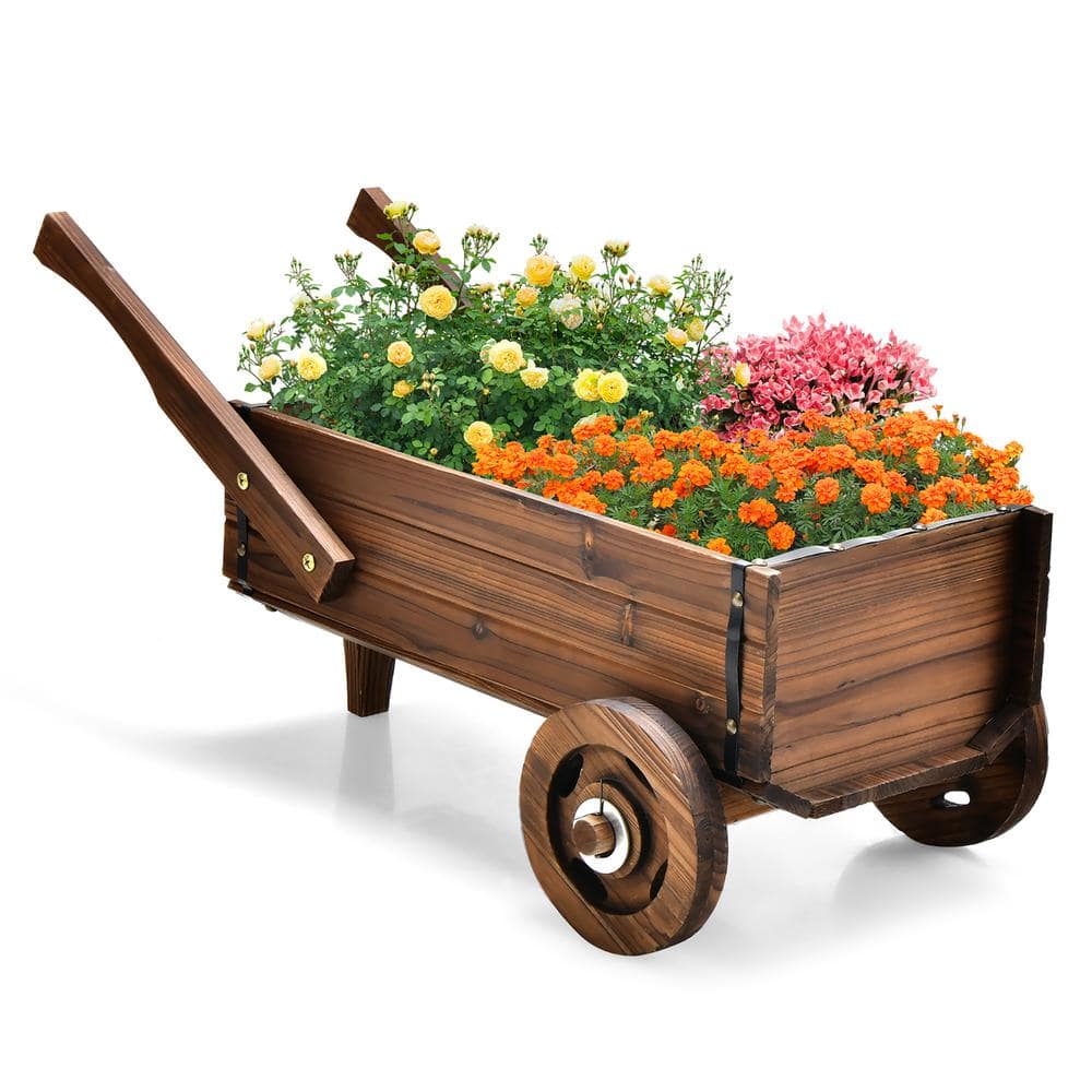 Costway 32 in. L x 15.5 in. W x 15 in.H Decorative Wagon Cart Plant Flower Pot Stand Wooden Raised Garden Planter Box GT3929CF