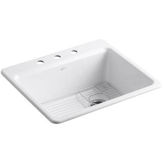 KOHLER Riverby Drop-In Cast-Iron 25 in. 3-Hole Single Basin Kitchen Sink Kit with Basin Rack in White K-5872-3A1-0