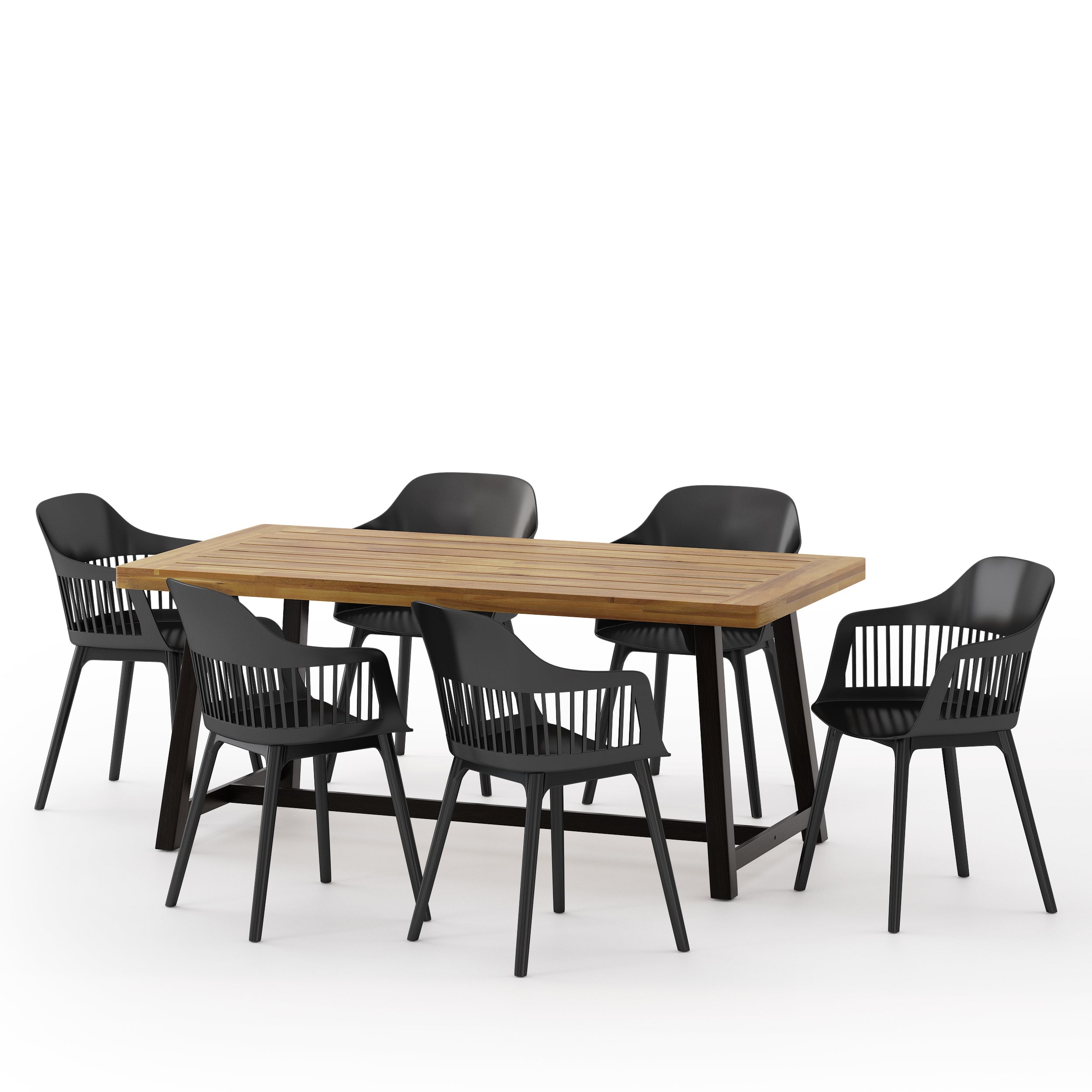 Irene Outdoor Wood and Resin 7 Piece Dining Set, Black and Sandblasted Teak