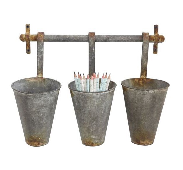 Metal Wall Rack With 3 Tin Pots Storied Home