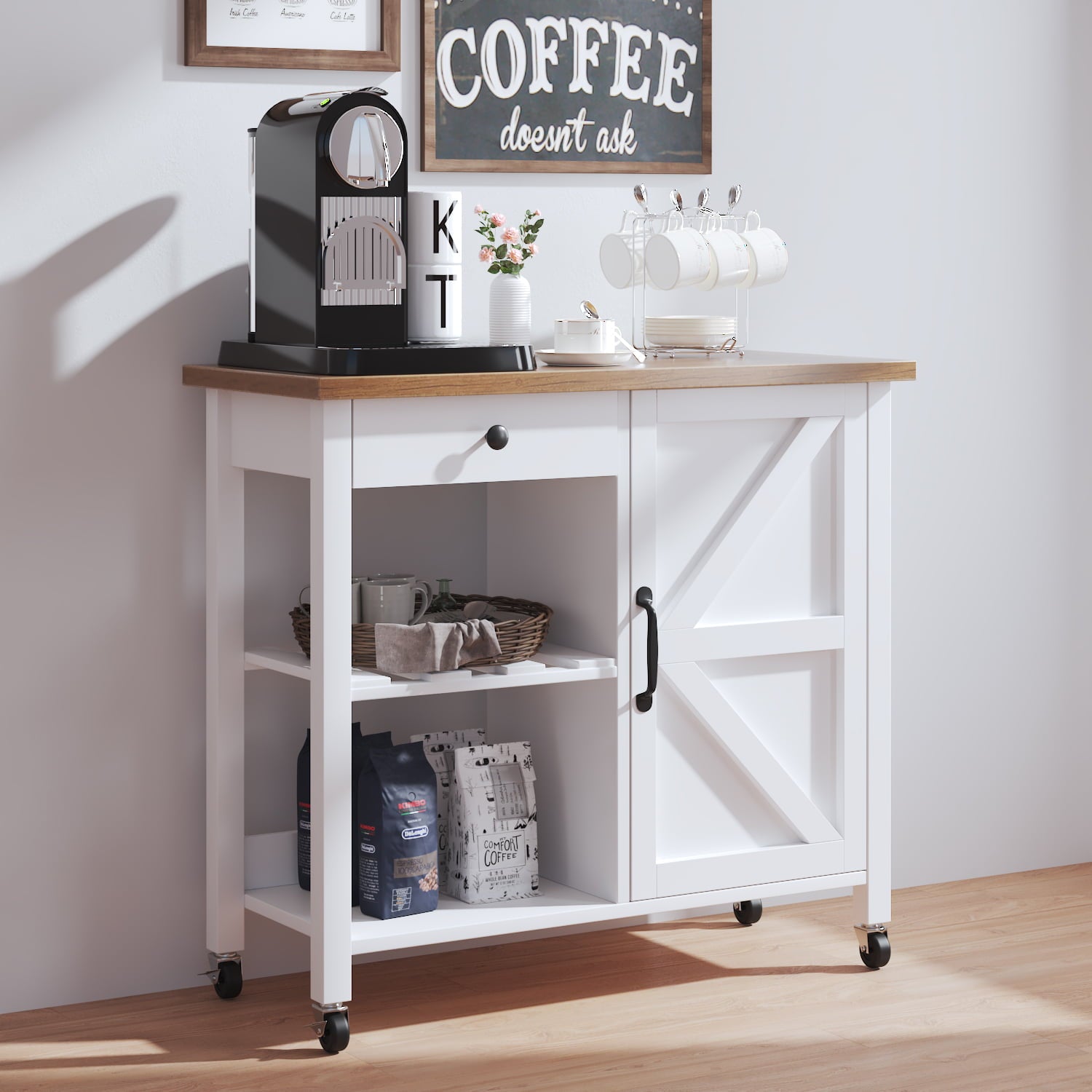 Catrimown Farmhouse Kitchen Island Cart with Storage， Rolling Kitchen Cart， Microwave Stand Coffee Cart， White