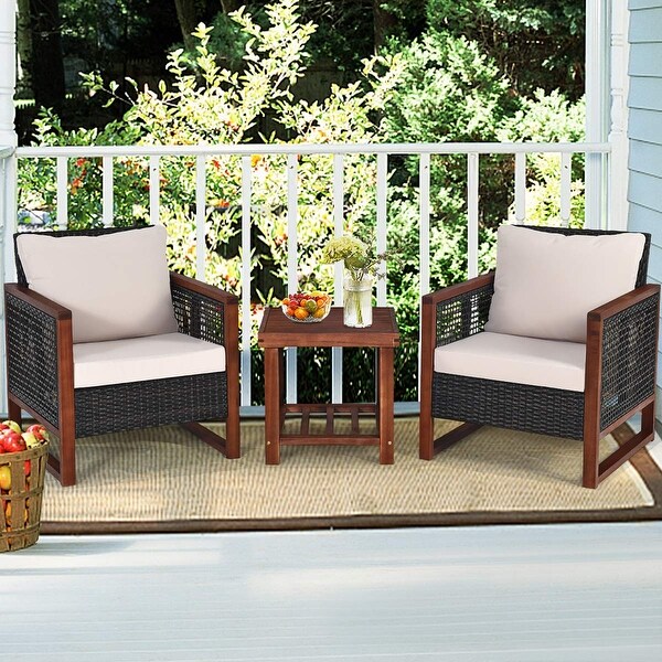 3 Pieces Outdoor Patio Furniture Set Wicker Chairs with Table，Balcony Porch Furniture Bistro Set with Cushions for Garden