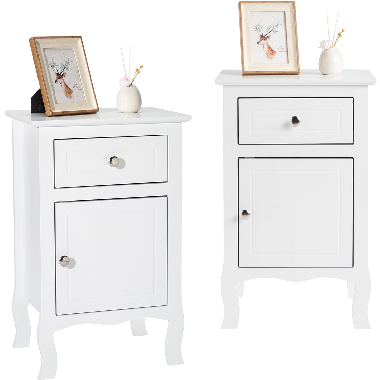 Nightstands Set of 2, Country Style End Table Nightstand Side Table with Drawer and Cabinet, Wood Accent Table with Storage for Bedroom Living Room, White