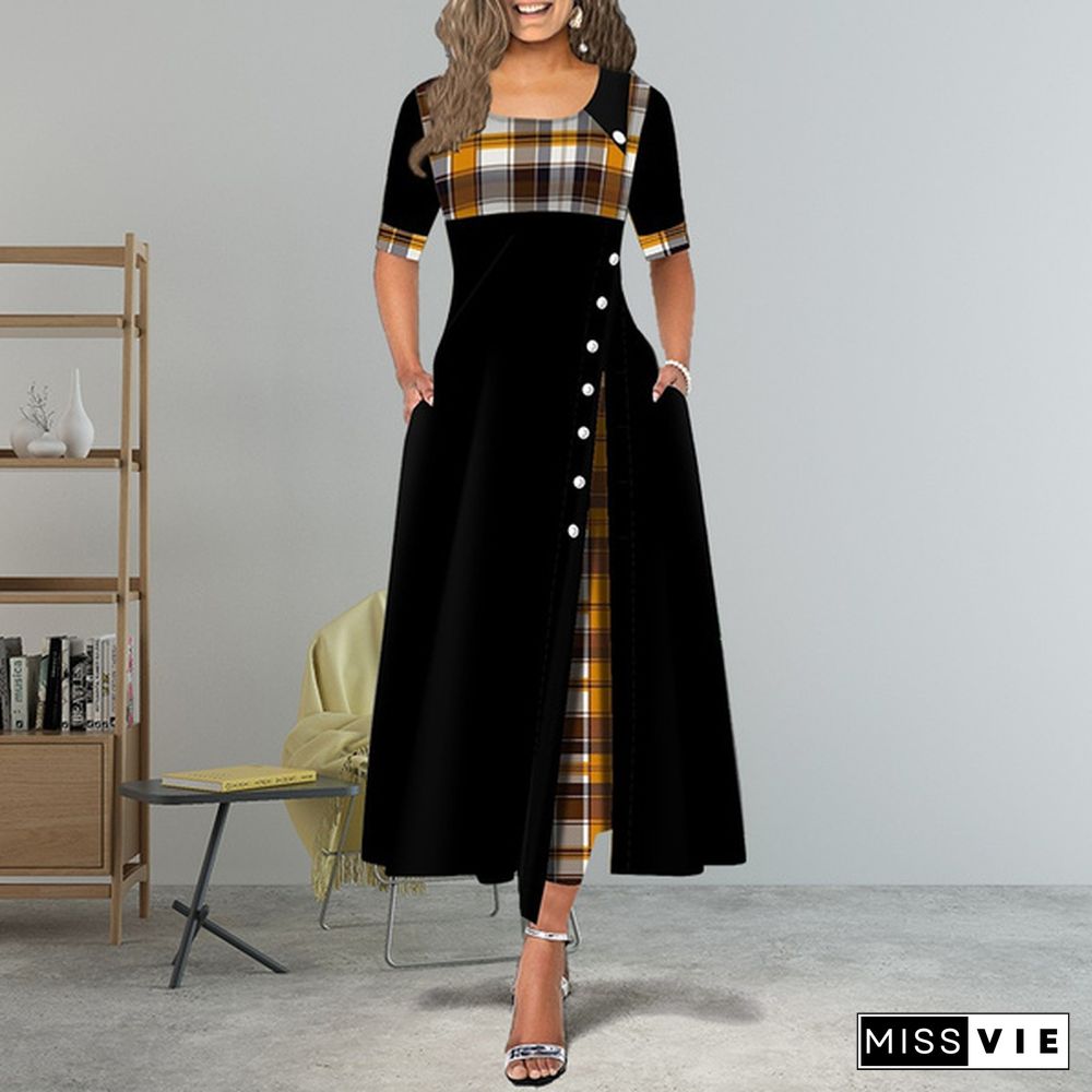 New Women Short Sleeve Plaid Print Elegant Dress Comfy Round Neck High Waist Long Skirt Retro Button Design Maxi Dress Daily Casual Dress Plus Size