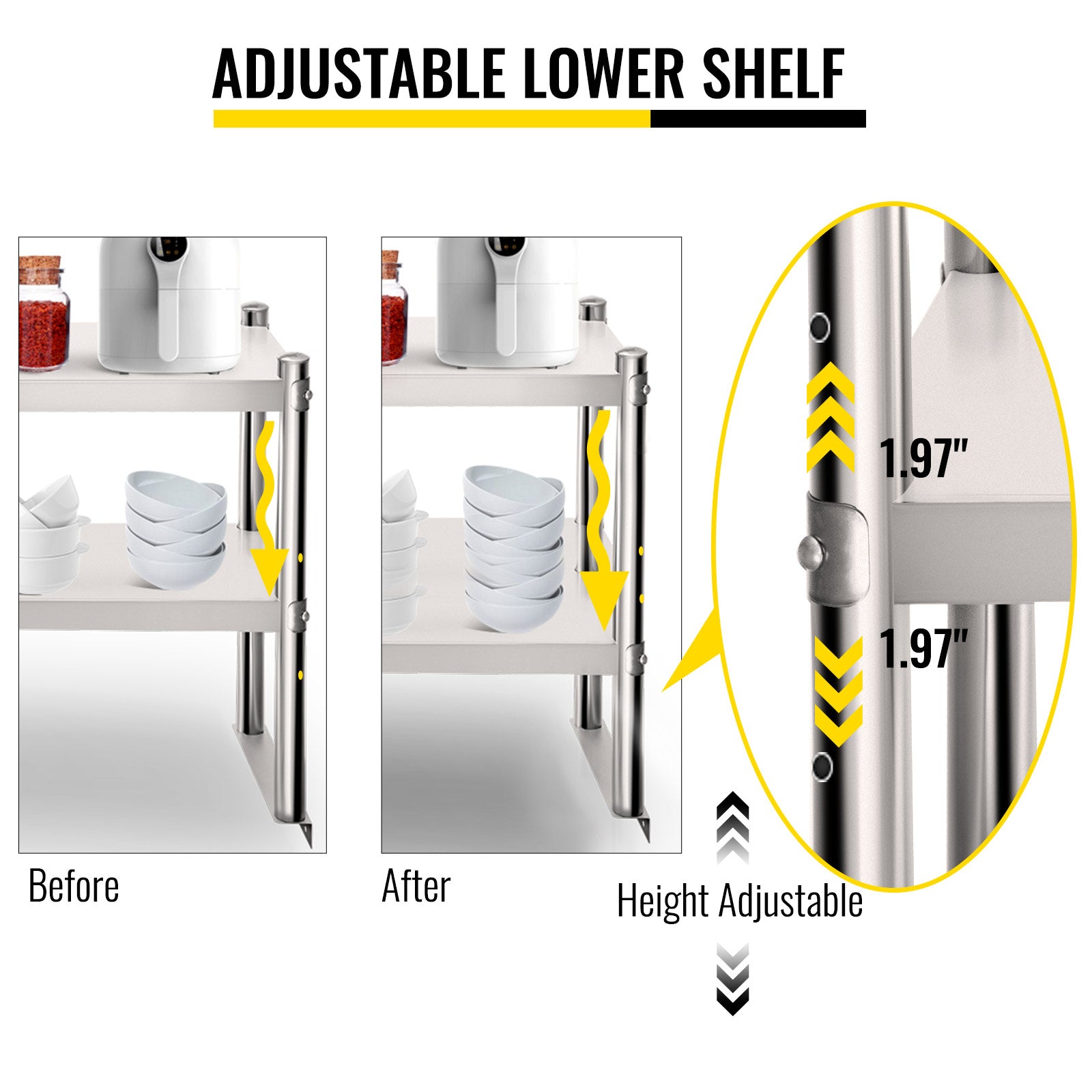 VEVOR Double Overshelf， Double Tier Stainless Steel Overshelf， 60 in.Length x 12 in.Width Double Deck Overshelf， Height Adjustable Overshelf for Prep and Work Table in Kitchen， Restaurant and Workshop