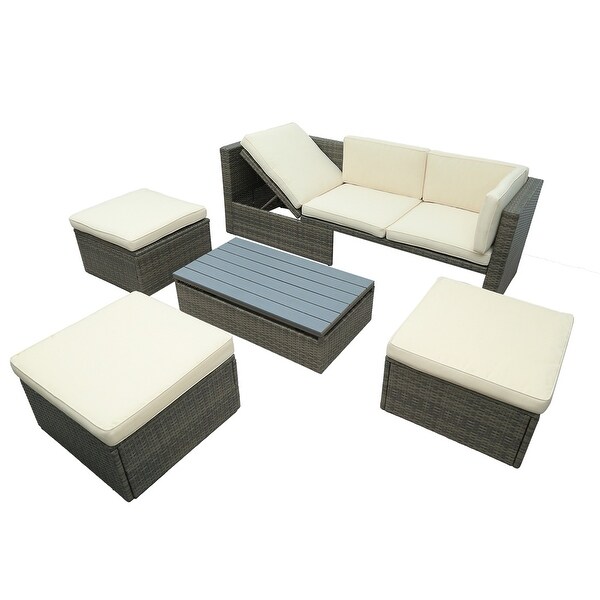 5Piece Patio Wicker Sofa with Adustable Backrest，Cushions，Ottomans and Lift Top Coffee Table